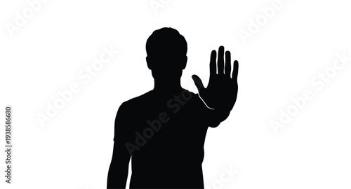A person making a stop hand gesture against a white background silhouette