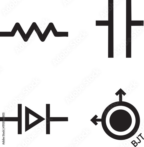 Set of electrical and electronic circuit component symbols on a transparent background