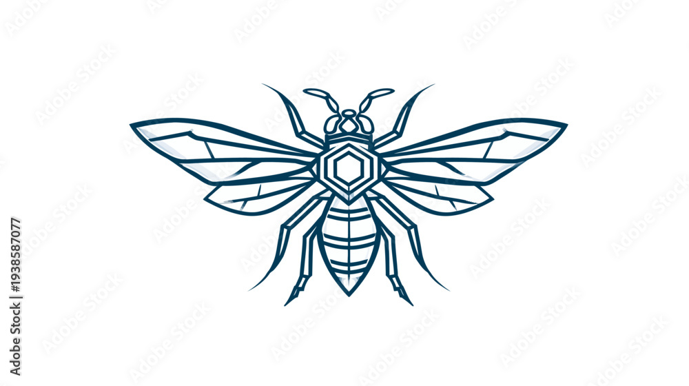 Obraz premium Stylized, symmetrical drawing of an insect with six legs and transparent wings on a white background
