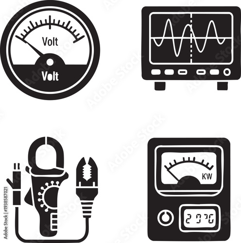 Electrical Testing Tools Icons Voltmeter Oscilloscope and Multimeter on Transparent Background