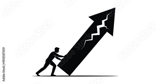 Man struggling to push a large arrow upwards black silhouette