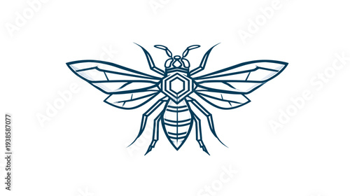 Stylized, symmetrical drawing of an insect with six legs and transparent wings on a white background
