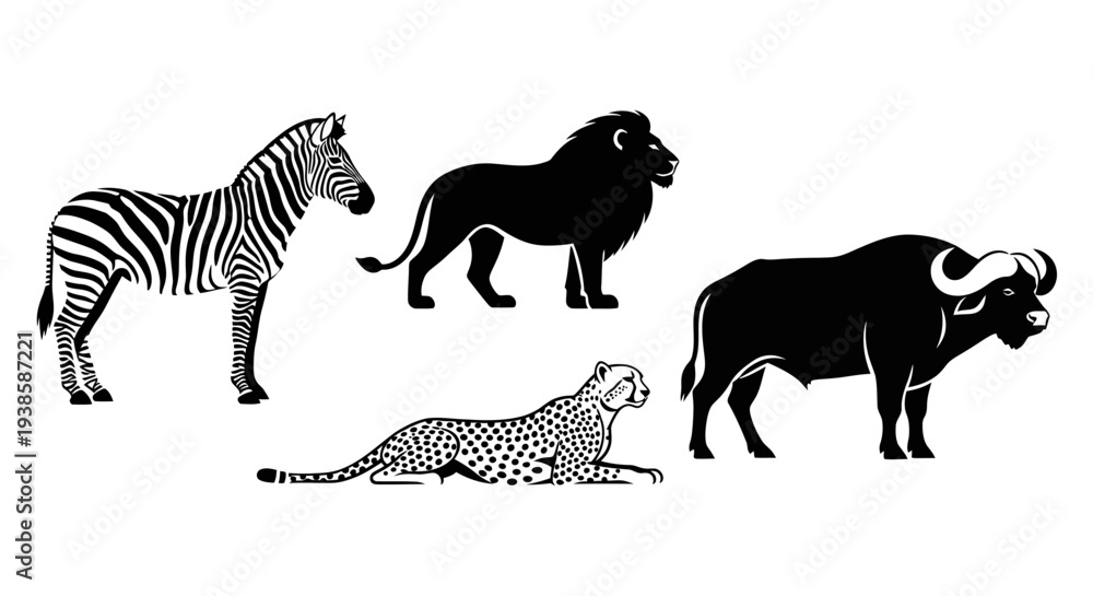 Obraz premium African Safari Animals Vector Silhouettes: Zebra, Lion, Cheetah, Buffalo