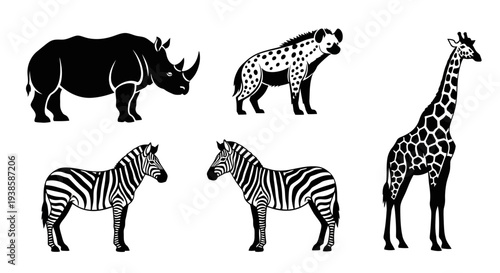 African Safari Animals Vector Silhouettes Set: Rhino, Hyena, Giraffe, Zebras
