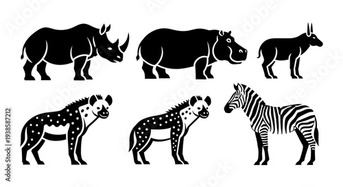 African Safari Animals Silhouettes Set: Rhino, Hippo, Hyena, Zebra Vector Icons