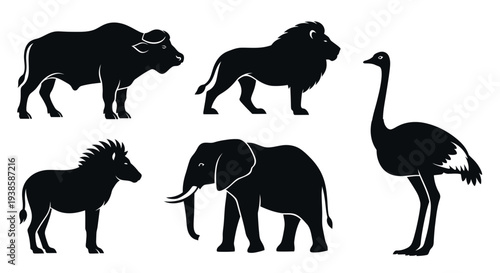 African Safari Animals Silhouettes Set. Wildlife Vector Icons Collection.