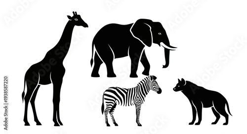African Safari Animals Silhouettes Vector Illustration: Giraffe, Elephant, Zebra, and Hyena Wildlife Set