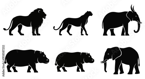African Wild Animals Silhouettes Collection: Lion, Elephant, Cheetah, Hippopotamus Icons