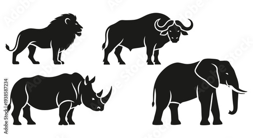 African Wild Animals Silhouette Collection: Lion, Elephant, Rhinoceros, and Buffalo