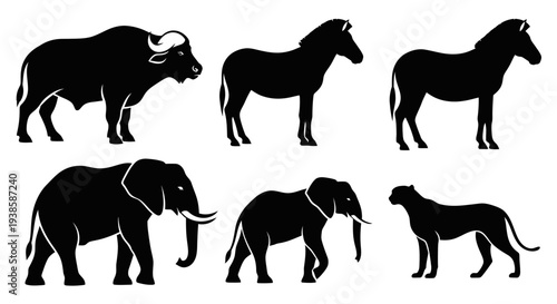 African Wild Animals Silhouettes Set: Elephant, Zebra, Buffalo, Big Cat Vector Icons