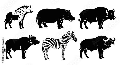 African Wild Animals Vector Silhouettes Set: Hyena, Hippo, Buffalo, and Zebra