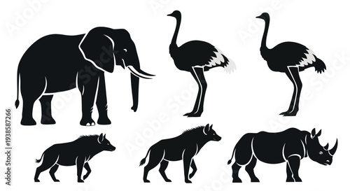African Wildlife Silhouettes Collection: Elephant, Ostrich, Hyena, and Rhinoceros Set