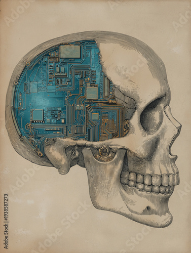 Cross-section diagram of a human skull where the brain is replaced by glowing motherboard circuitry. Vintage anatomical illustration style. Concept of development of technologies and artificial intell