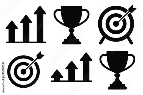 Success icons collection including trophy winner badge, target hitting goal, and upward growth arrows representing business success, progress, and achievement design