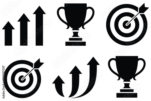 Success icon set featuring trophy achievement, target goal, and growth arrows symbol, business victory, performance improvement, and motivation concept vector
