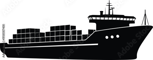 Cargo ship silhouette, container vessel sailing the sea, logistics, shipping, freight
