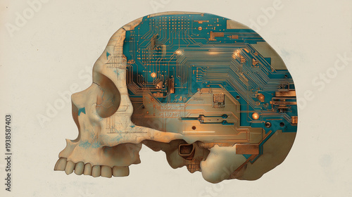 Cross-section diagram of a human skull where the brain is replaced by glowing motherboard circuitry. Vintage anatomical illustration style. Concept of development of technologies and artificial intell