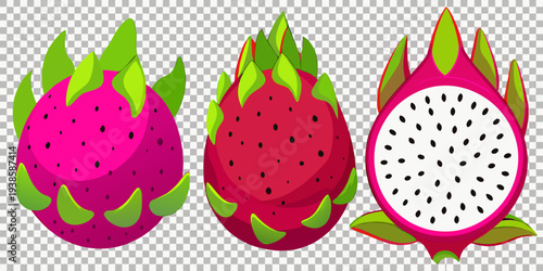 Three dragon fruits are displayed on a transparent, checkered background. The image is composed of a whole dragon fruit on the left, a halved dragon fruit in the middle, and a single slice on the righ