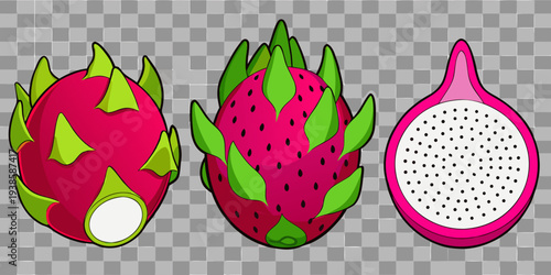 Three dragon fruits are displayed on a transparent, checkered background. The image is composed of a whole dragon fruit on the left, a halved dragon fruit in the middle, and a single slice on the righ