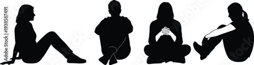 People sitting on floor silhouettes collection with relaxed and thoughtful poses, casual lifestyle characters, resting posture and everyday human activity concept.