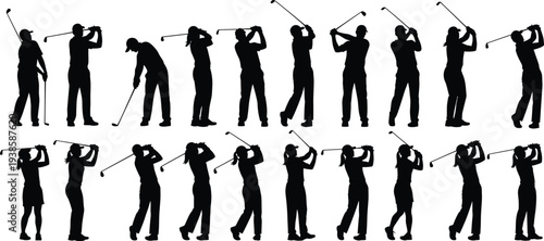 Golf player silhouettes collection showing different swing poses with golf club, professional golfer action sequence, sport activity, competition and outdoor recreation concept.