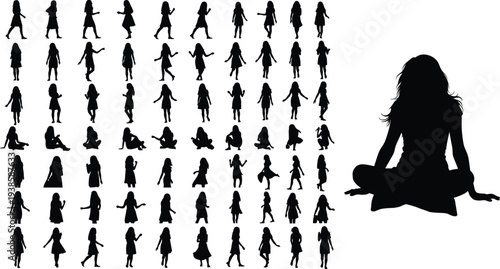 Girl silhouettes collection showing different poses walking, sitting, playing and meditating, children lifestyle activity set, childhood movement and playful character concept.