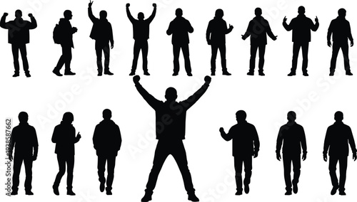 Men silhouettes collection in different poses walking, celebrating and standing, male lifestyle characters, casual people gestures, confidence, success and everyday activity concept.
