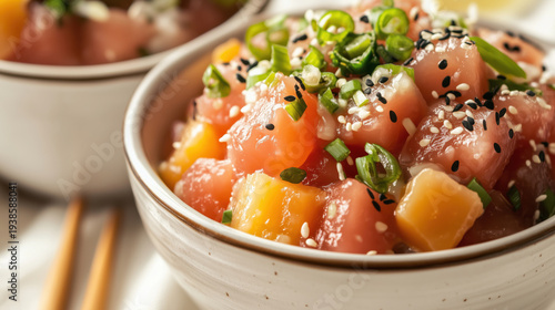Fresh ahi tuna poke bowl with mango and green onions garnished with sesame seeds