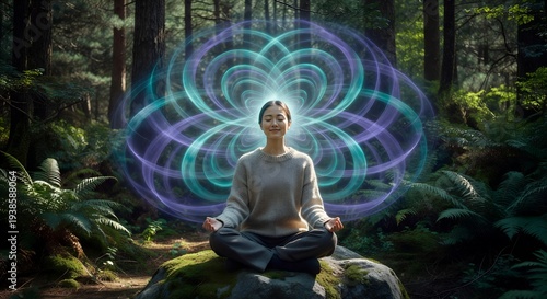 Woman Meditating With Sacred Geometry Energy Field