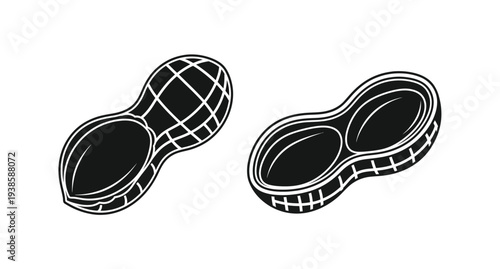 Two peanuts depicted in a striking black graphic silhouette