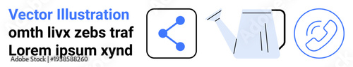 Social media, communication, gardening, networking, collaboration, digital tools. Blue sharing icon, watering can phone call button. Social media and communication tools concept