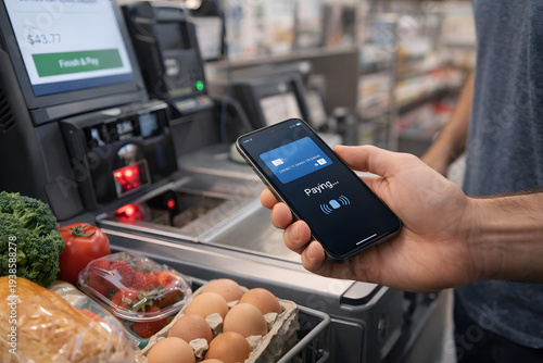 Person paying groceries with smartphone at supermarket checkout