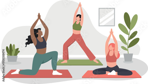 Three women practicing yoga indoors with plants and a mirror backdrop