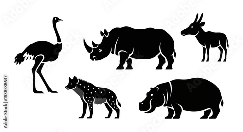African Wildlife Silhouettes Collection: Ostrich, Rhino, Hyena, Hippo, and Antelope