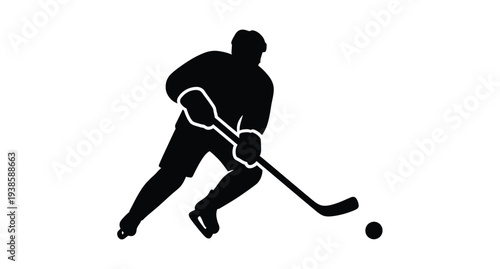 Hockey player in action dynamically skating with puck black silhouette