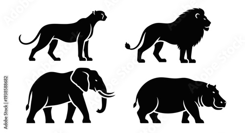 African Wildlife Silhouettes: Lion, Elephant, Panther, Hippopotamus Vector Icons