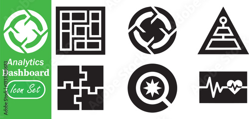 Analytics Dashboard and Process Integration Icon Set: Puzzle Solving Logic, Business Workflow Cycle, and Data Hierarchy Symbols