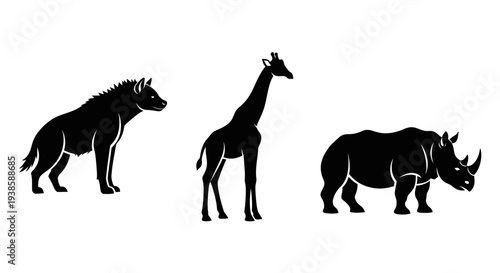 African Wildlife Silhouettes: Hyena, Giraffe, and Rhinoceros Icons