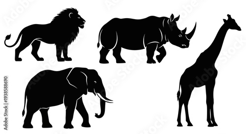 African Wildlife Silhouettes: Lion, Rhino, Elephant, Giraffe Vector Set