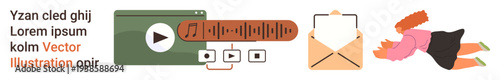 Multimedia tools, communication, creativity, entertainment, information-sharing, safety concept. Icons of a video player, music waveform envelope falling figure. Multimedia tools and communication