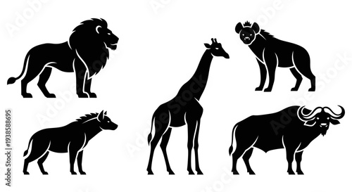 African Wildlife Silhouettes: Lion, Giraffe, Hyena, Buffalo Icons Set