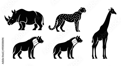 African Wildlife Silhouettes: Rhino, Cheetah, Giraffe, and Hyenas Vector Set