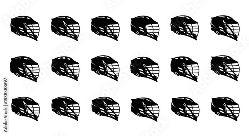 Collection of Black Lacrosse Helmets Arranged in Rows.