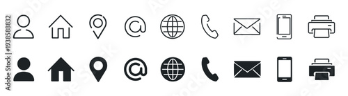 Contact communication icon set, phone email location website home user globe printer symbols, outline and solid interface elements vector collection on transparent background
