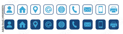 Contact communication icon set, phone email location website home user globe symbols, flat interface buttons vector collection on transparent background