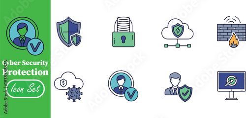 Advanced Cyber Security and User Authentication Icon Set: Secure Data Storage, Cloud Network Protection, and Firewall Defense Elements