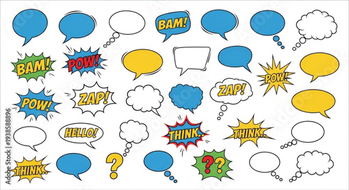 Collection of Comic Book Speech Bubbles and Sound Effects.