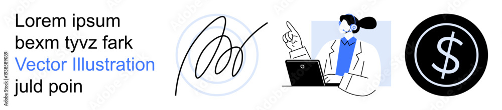 Obraz premium Business communication, digital signing, customer service, online transactions, financial management, technology. Illustrated pen signature, person with headset dollar sign. Business communication