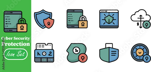 Cyber Security Protection and System Data Encryption Flat Line Icon Set