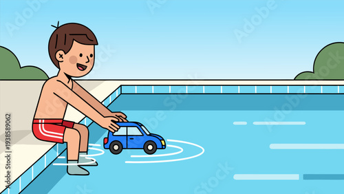 A happy boy playing with his blue toy car at the edge of a swimming pool on a sunny summer day, enjoying childhood fun and water activities outdoors